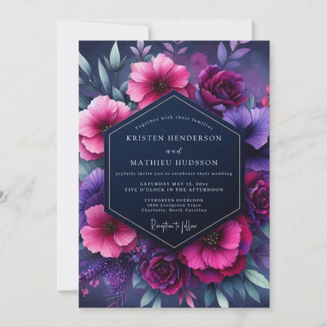 Convite Casamento Flor Nocturno Magenta (Frente)