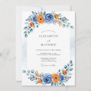Convite Casamento Flor Romântica Laranja Azul