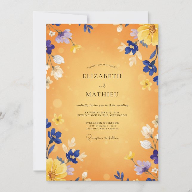 Convite Casamento Flor Silvestre Âmbar Índigo (Frente)