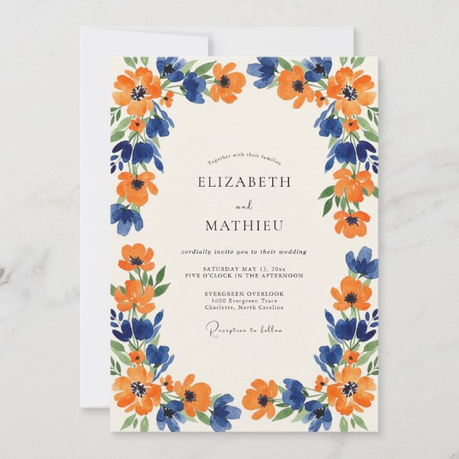 Convite Casamento Flor Silvestre Âmbar Índigo (Frente)