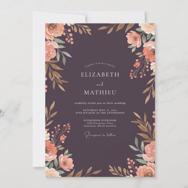 Convite Casamento Flor Silvestre Ameixa Profunda Albarã (Frente)