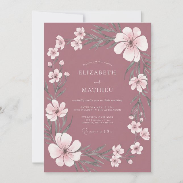 Convite Casamento Flor Silvestre Ameixa Suave (Frente)