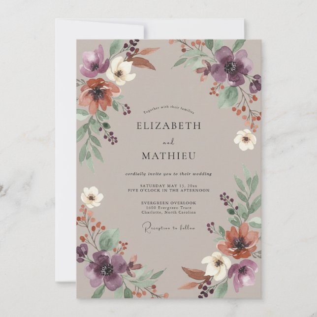 Convite Casamento Flor Silvestre Ameixa Taupe (Frente)