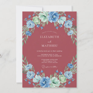 Convite Casamento Flor Silvestre Azul Borgonha