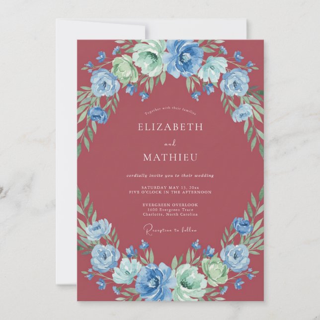 Convite Casamento Flor Silvestre Azul Borgonha (Frente)
