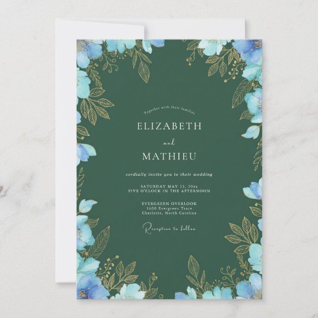 Convite Casamento Flor Silvestre Azul Floresta (Frente)