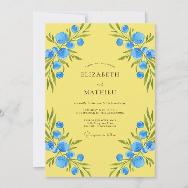 Convite Casamento Flor Silvestre Azul Limão (Frente)