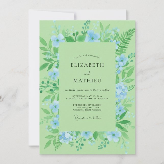 Convite Casamento Flor Silvestre Azul Moderno Menta (Frente)