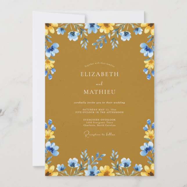 Convite Casamento Flor Silvestre Azul Mostarda (Frente)