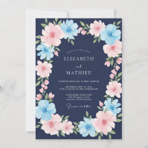 Convite Casamento Flor Silvestre Azul Rosa Meia-Noite