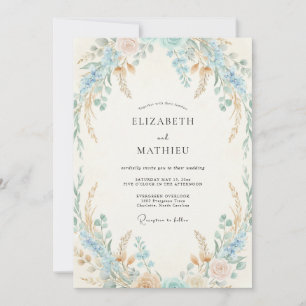 Convite Casamento Flor Silvestre Azul Turquesa e Pêssego S