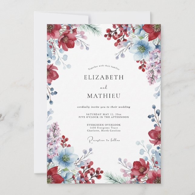 Convite Casamento Flor Silvestre Azure Vinho (Frente)