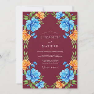 Convite Casamento Flor Silvestre Burgundy Cobalt
