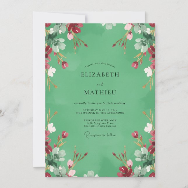 Convite Casamento Flor Silvestre Carmesim Menta (Frente)