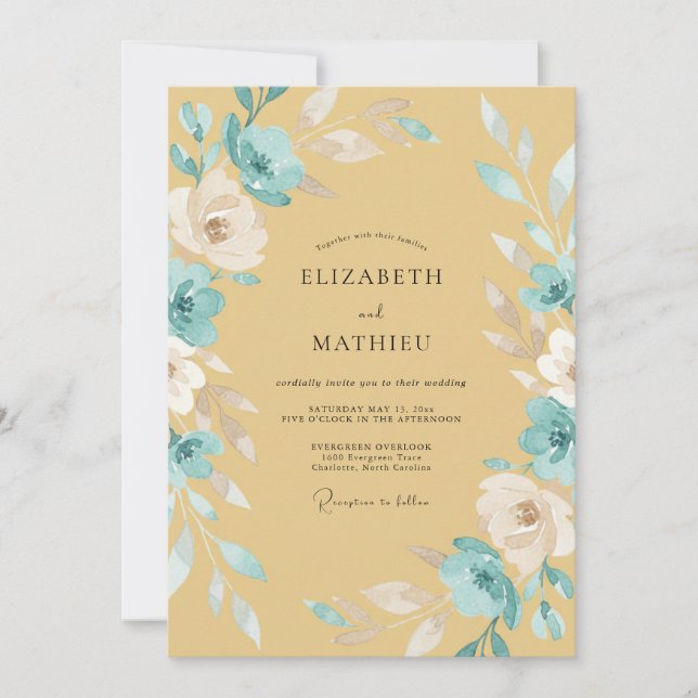 Convite Casamento Flor Silvestre Ciano Mostarda (Frente)