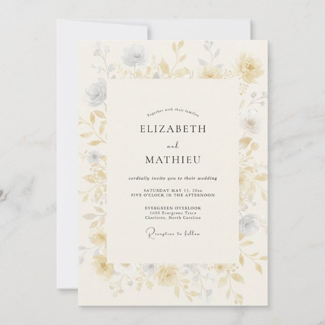 Convite Casamento Flor Silvestre Cinza Champanhe (Frente)