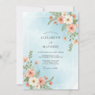 Convite Casamento Flor Silvestre Coral Azul Pó