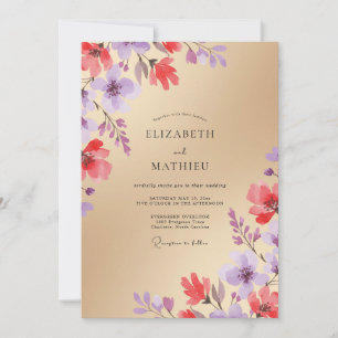 Convite Casamento Flor Silvestre Coral Champanhe Dourado