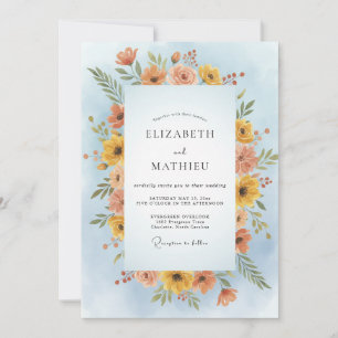 Convite Casamento Flor Silvestre Coral Empoeirado Azul
