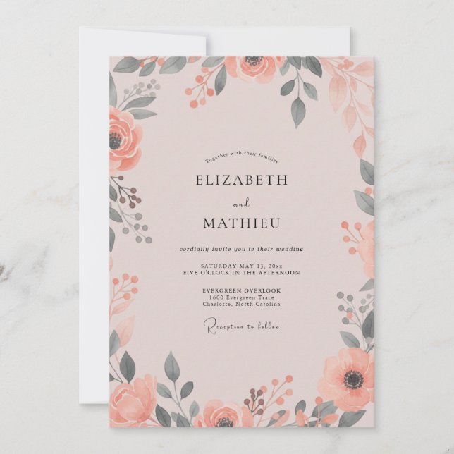 Convite Casamento Flor Silvestre Coral Malva (Frente)