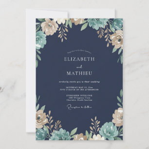 Convite Casamento Flor Silvestre Creme Azul Marinho