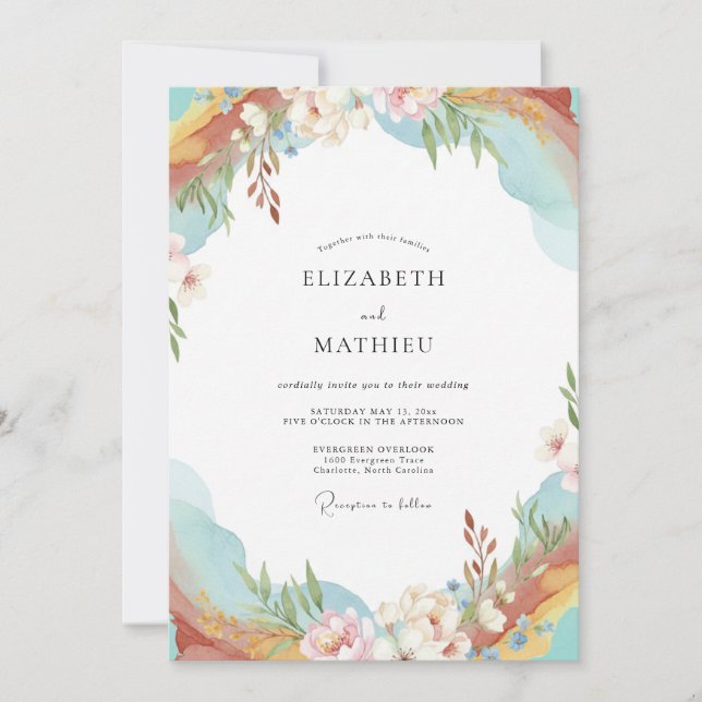 Convite Casamento Flor Silvestre Damasco Céu (Frente)
