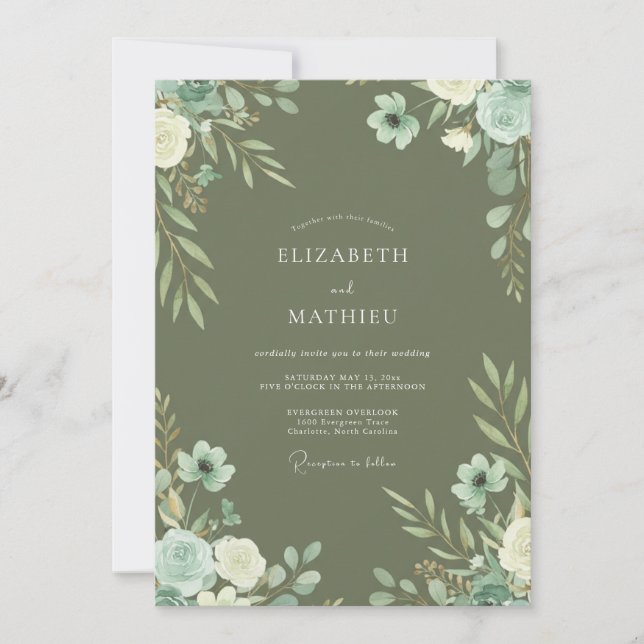 Convite Casamento Flor Silvestre de Oliva Menta (Frente)