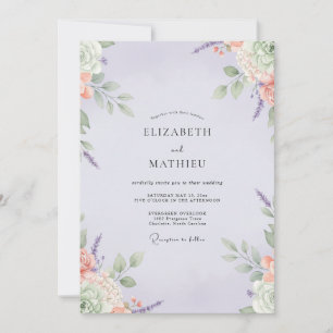 Convite Casamento Flor Silvestre de Pêssego Lilás Suave