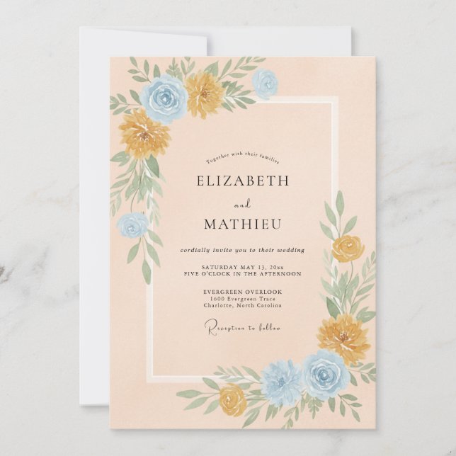 Convite Casamento Flor Silvestre Dourada Azure (Frente)