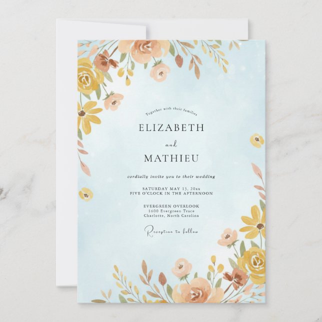 Convite Casamento Flor Silvestre Dourada Azure (Frente)