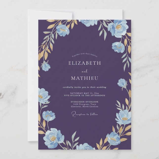 Convite Casamento Flor Silvestre Dourada Índigo (Frente)