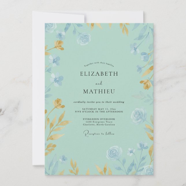 Convite Casamento Flor Silvestre Dourada Menta (Frente)