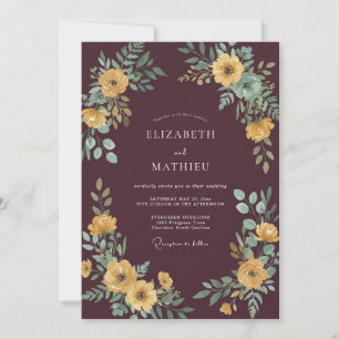 Convite Casamento Flor Silvestre Dourado Borgonha
