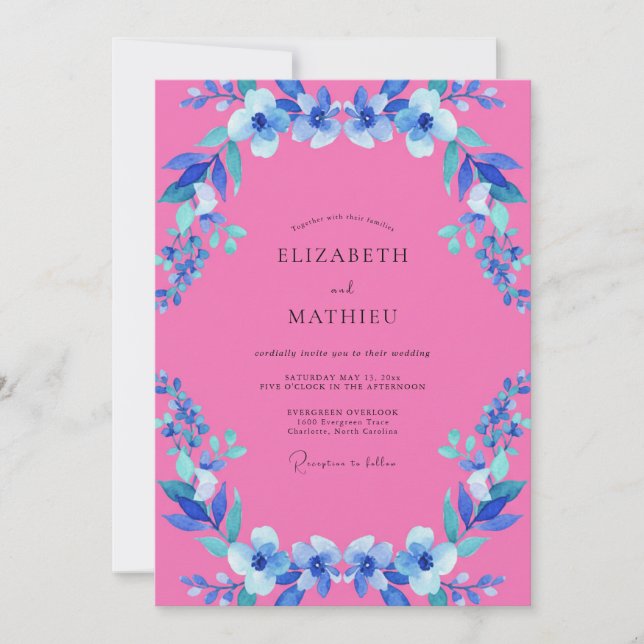 Convite Casamento Flor Silvestre Fuchsia Azure (Frente)