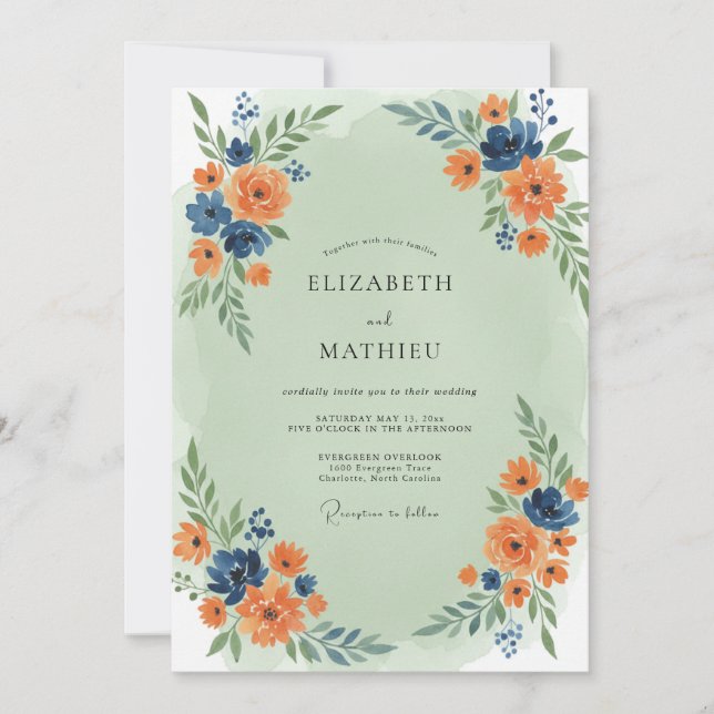 Convite Casamento Flor Silvestre Índigo Damasco (Frente)