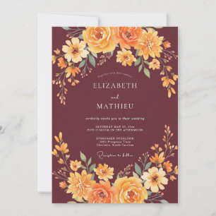 Convite Casamento Flor Silvestre Laranja Borgonha