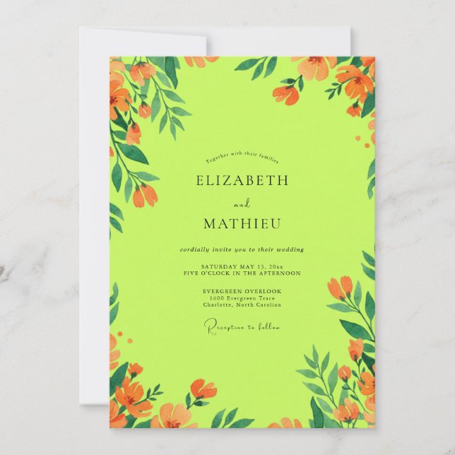 Convite Casamento Flor Silvestre Laranja Chartreuse (Frente)