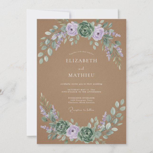 Convite Casamento Flor Silvestre Lavanda Bege (Frente)