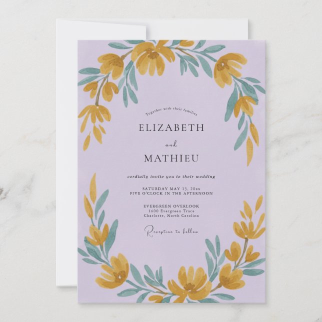 Convite Casamento Flor Silvestre Lilás Dourado (Frente)