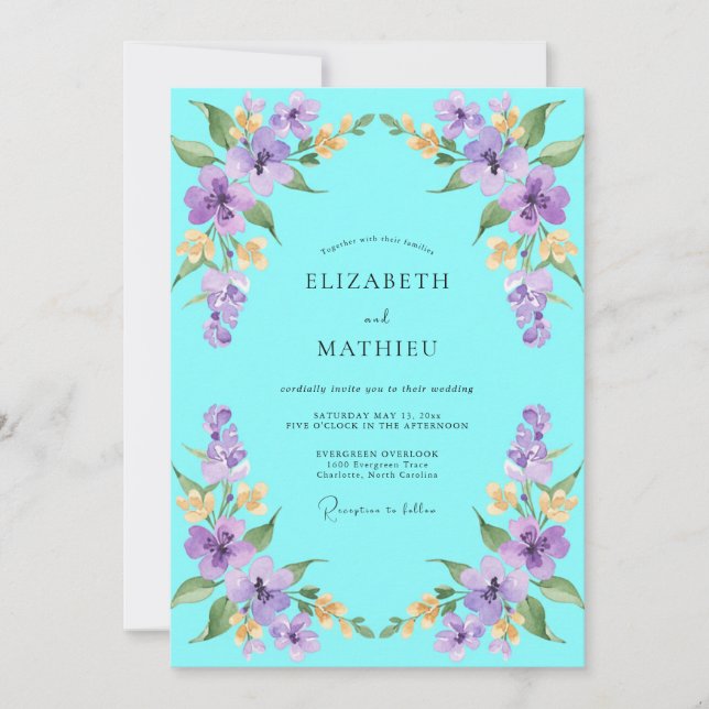 Convite Casamento Flor Silvestre Lilás Turquesa (Frente)