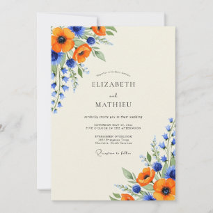 Convite Casamento Flor Silvestre Luminoso Laranja Azul Rea