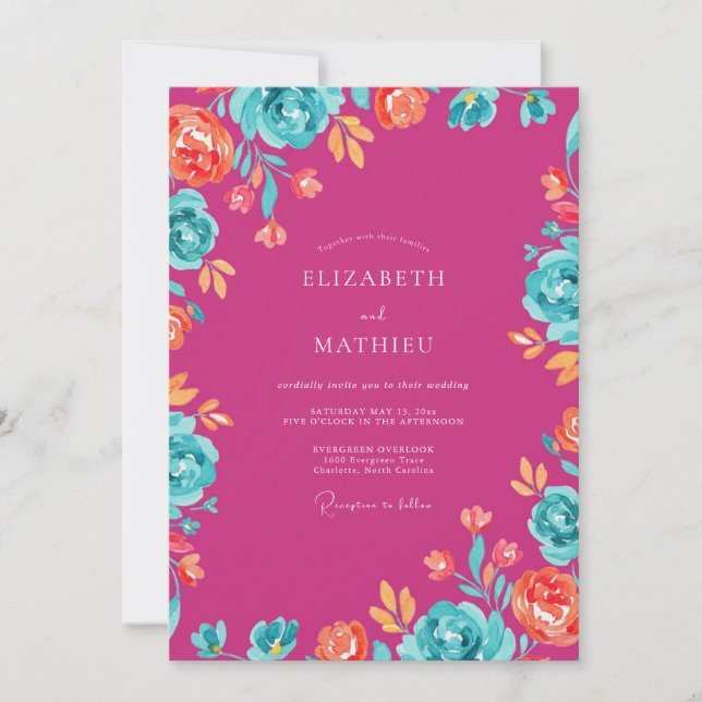 Convite Casamento Flor Silvestre Magenta Teal (Frente)