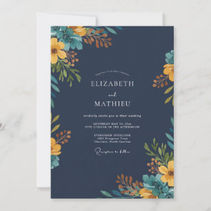 Convite Casamento Flor Silvestre Mostarda Marinha