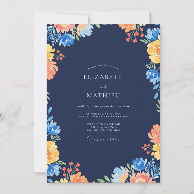 Convite Casamento Flor Silvestre Ochre Naval (Frente)