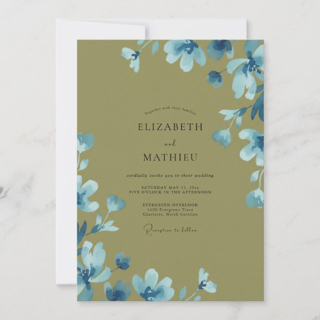 Convite Casamento Flor Silvestre Olive Azure (Frente)