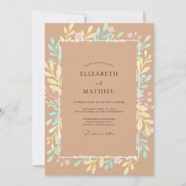 Convite Casamento Flor Silvestre Pastel Marrom (Frente)