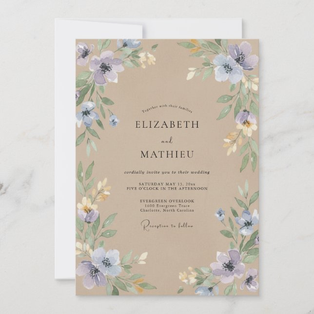 Convite Casamento Flor Silvestre Periwinkle Champanhe (Frente)
