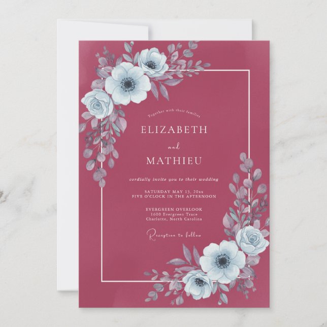 Convite Casamento Flor Silvestre Prata Carmesim (Frente)
