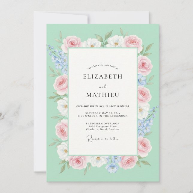 Convite Casamento Flor Silvestre Rosa Menta (Frente)