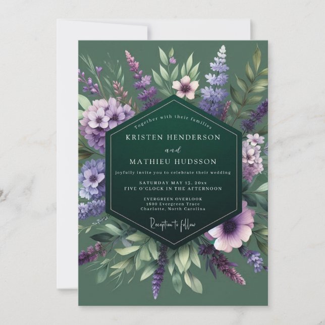 Convite Casamento Flor Silvestre Roxa Esmeralda (Frente)